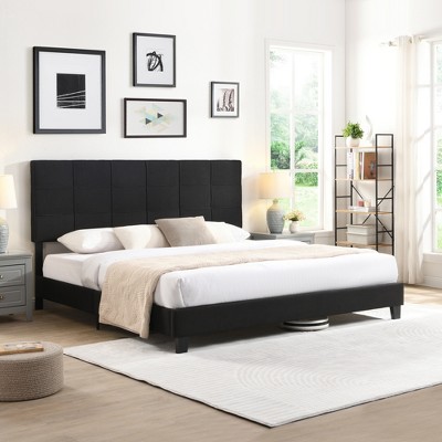 King Size Upholstered Platform Bed with Linen Fabric Headboard