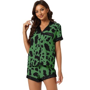 cheibear Women's Satin Short Sleeves Button Down Shirt with Shorts Pajamas Sets - 1 of 4