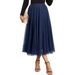 Women's Tulle Layered A-Line Skirt - High Waist Flowy Long Tutu for Date Night & Fall Fashion Blue - 1 of 4