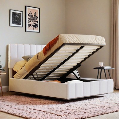 Lift-up Upholstered Platform Bed with Storage, Full-Size Bed Frame with Hydraulic System and Vertical Channel Headboard - Leovsnove