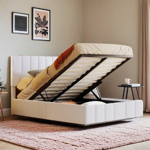 Lift-up Upholstered Platform Bed with Storage, Full-Size Bed Frame with Hydraulic System and Vertical Channel Headboard - Leovsnove - 1 of 4