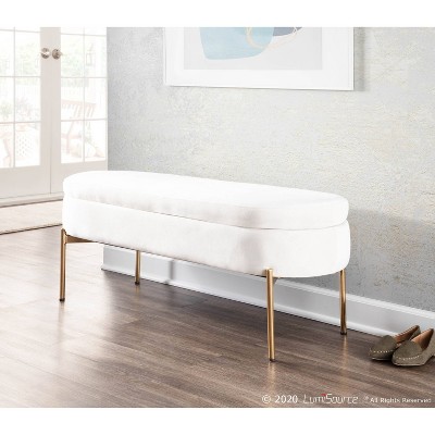 48" Chloe White Velvet Upholstered Storage Bench with Gold Base