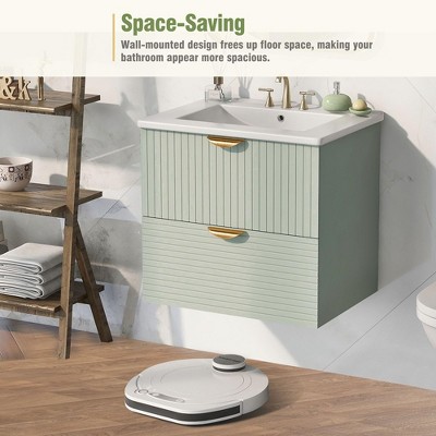 24" Green MDF Wall Mounted Bathroom Vanity with Ceramic Sink