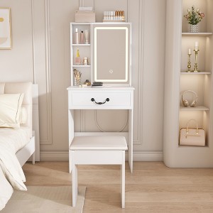 Makeup Vanity Desk with LED Mirror and Hidden Storage Cabinet, 3 Color Modes & Adjustable Brightness Dressing Table - 1 of 4