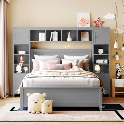 CAVINAS Full Size Storage Bed Modern Wooden Bed Frame with 4 Drawers, 10 Shelves and 4 Cabinets for Bedroom
