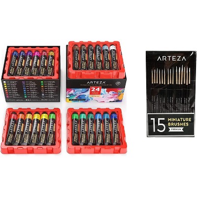 Arteza Professional Painter's Set - 24 Pack of 12ml Gouache Paints and 15 Detail Paint Brushes Bundle (ARTZ-NBNDL113)