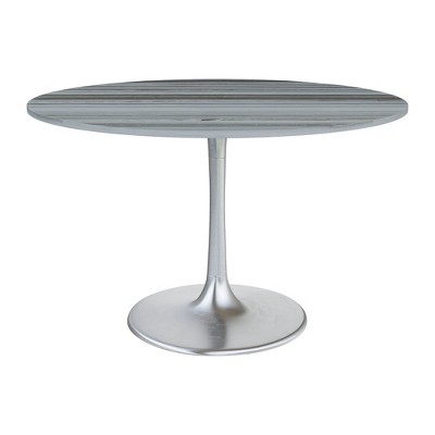 HomeRoots 48" Gray and Silver Marble and Aluminum Pedestal Base Round Top Dining Table