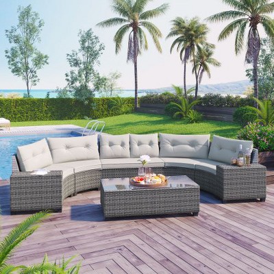 Sapphtopaz 8-Piece Modular Half-Moon Outdoor Patio Sofa Set, PE Rattan Wicker Modular Sofa, Curved Outdoor Sofa Set with Coffee Table & Cushion