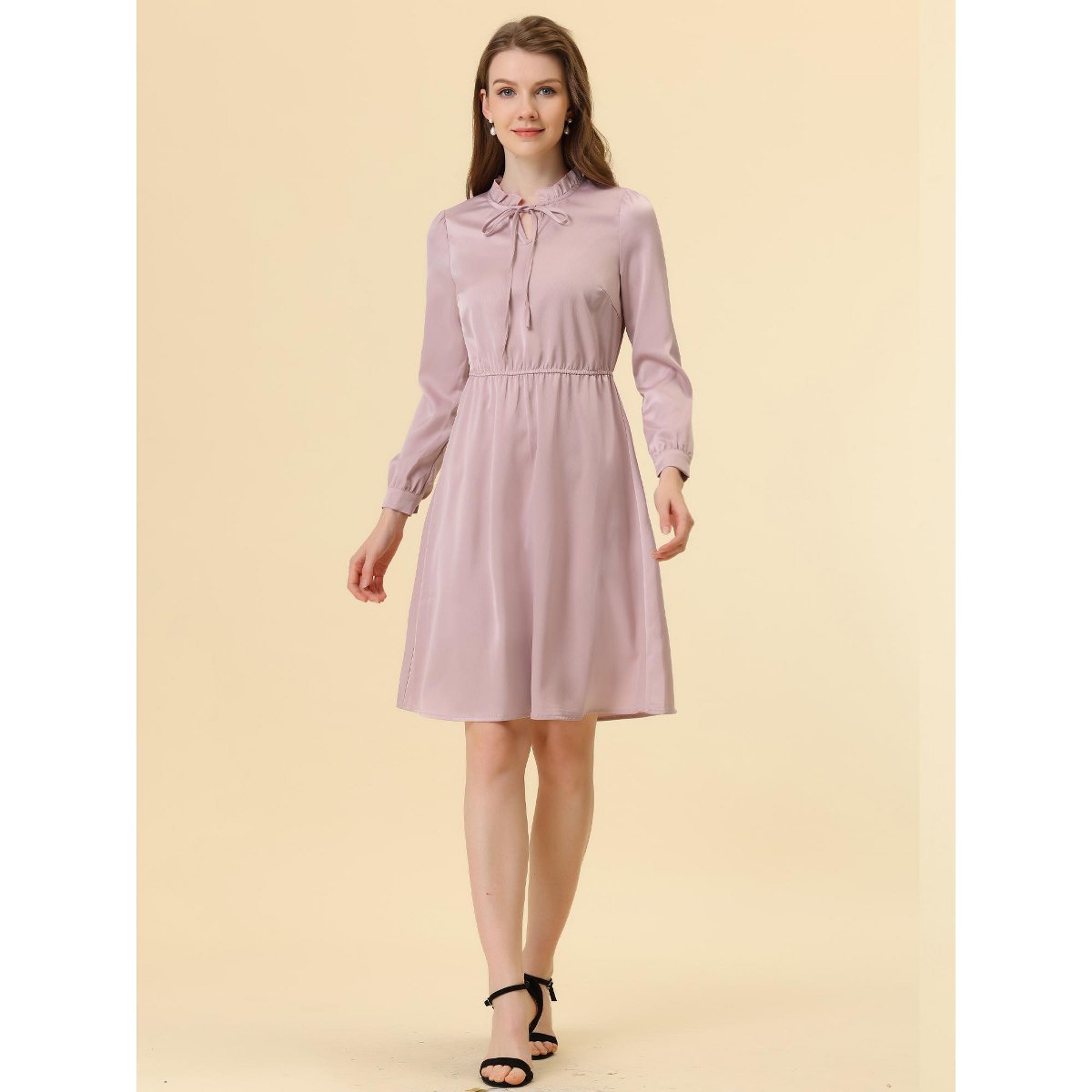 Женские платья INSPIRE CHIC Women's Tie Neck Ruffle A-line Satin Dress Medium Pink — фото 5