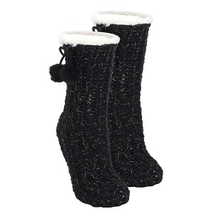 Elanze Designs Black Gold Glitter Knit Pom Pom Womens One Size Plush Lined Non Skid Indoor Slipper Socks - 1 of 4