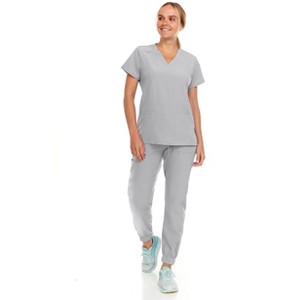 Hey Collection Womens Stretch V-Neck Jogger Scrubs Set, Medical Nursing Tops with Four Pocket Pants - 1 of 4