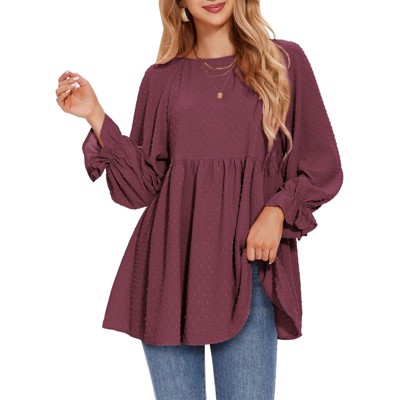 EXLURA Womens Long Sleeve Blouses Swiss Dot Babydoll Loose Fit Maternity Top 2025 Spring Fall Tunic Shirts Dressy Casual Tops White