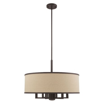 Bronze Drum Pendant with Handcrafted Linen Shade - 7 Light