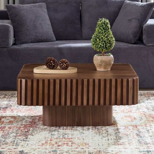 35'' Modern Small Wood Square Coffee Table, Handcraft Drum Coffee Table with MDF Pedestal Base for Living Room,Compact Spaces-Coolbibila - 1 of 4
