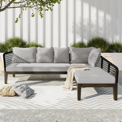 2pc Outdoor Seating Group Conversation Set Patio Rope Waved Sectional Sofa Set with Removable Cushion 4A Gray ModernLuxe