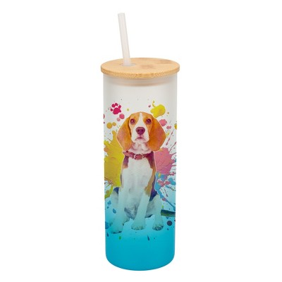 100 North 25 Ounce Frosted Glass Gradient Travel Tumbler With Straw & Wooden Lid, Beagle Hound Dog Paint Splatter Sky Blue