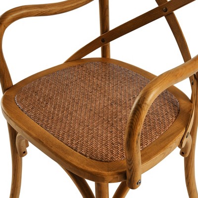 Farmhouse Walnut Wood Upholstered Arm Chair with Cross Back