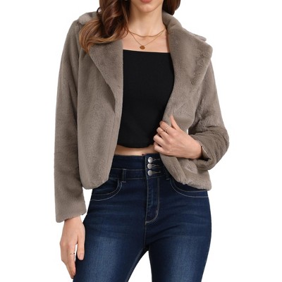 Seta T Women's Fashion Long Sleeve Faux Fur Fluffy Notch Lapel Cropped Jacket