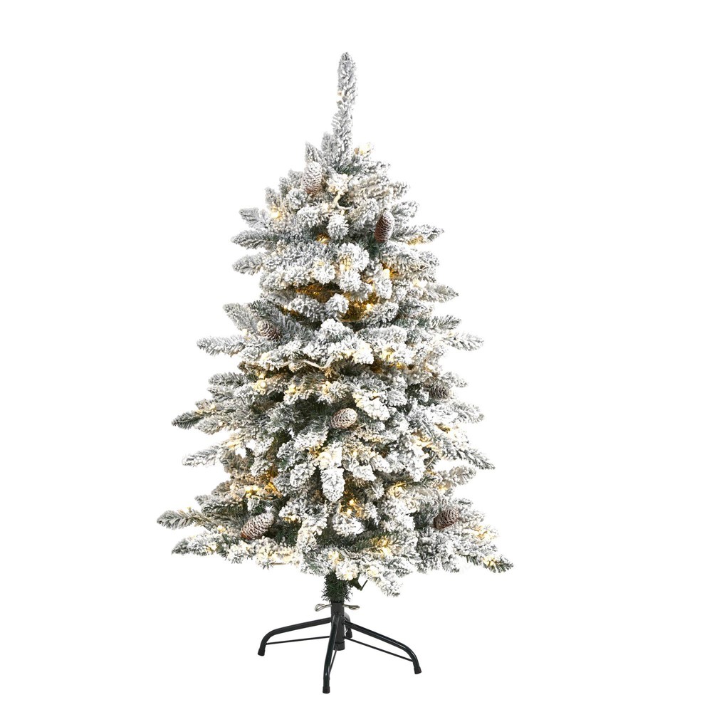 Photos - Garden & Outdoor Decoration 4ft Nearly Natural Pre-Lit LED Flocked Livingston Fir Artificial Christmas Tree Clear Lights: With Pine Cones, Easy Setup