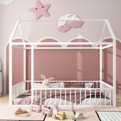 Streamdale Twin Size Metal Bed House Bed Frame with Fence, for Kids, Teens, Girls, Boys, White