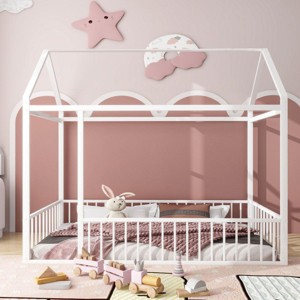 Streamdale Twin Size Metal Bed House Bed Frame with Fence, for Kids, Teens, Girls, Boys, White - 1 of 4