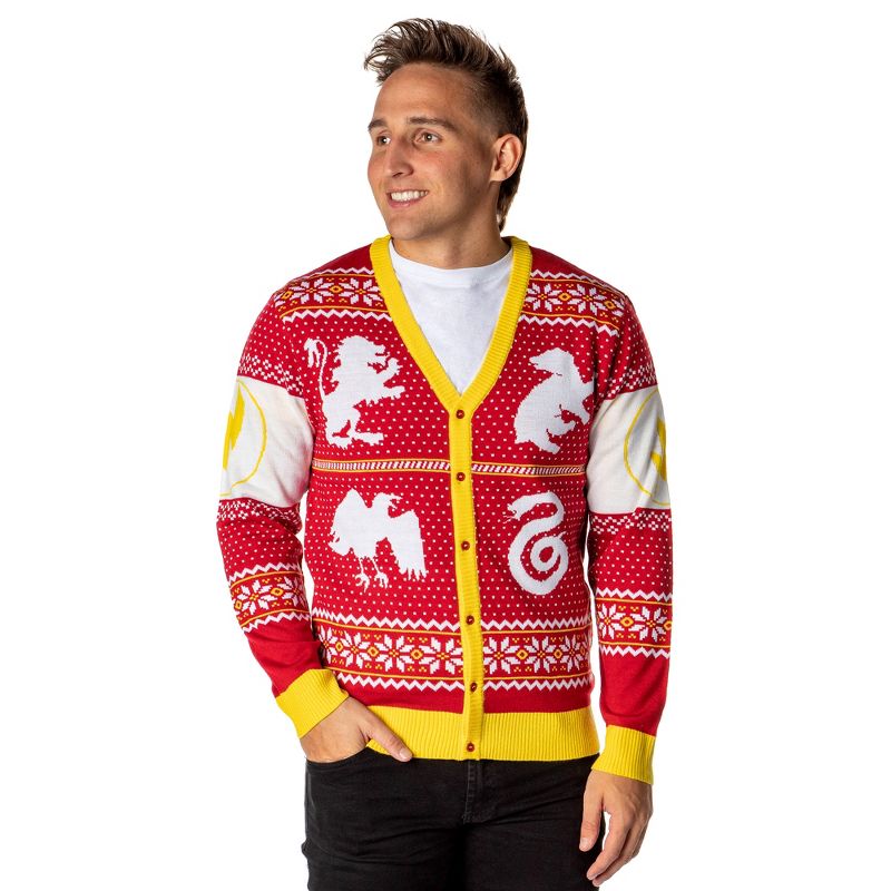 Harry Potter Men's Hogwarts Houses Ugly Christmas Sweater Cardigan, 1 of 6