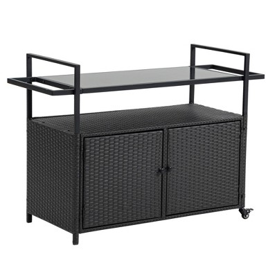 Vynxaria Bar Serving Carts, Black Wicker Patio Wine Cart with Wheels and Glass Top
