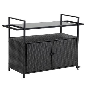 Vynxaria Bar Serving Carts, Black Wicker Patio Wine Cart with Wheels and Glass Top - 1 of 4