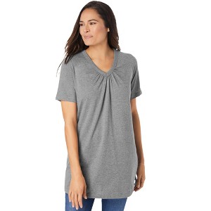 Woman Within Plus Size Perfect Short-Sleeve Shirred V-Neck Tunic - 1 of 4