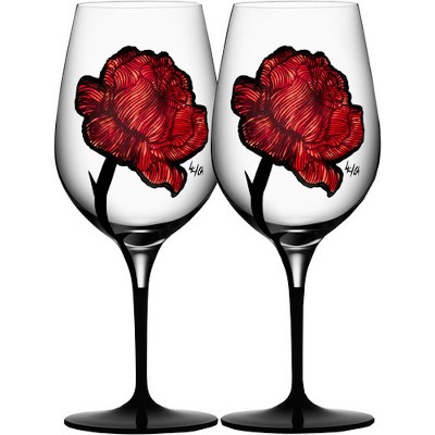 Kosta Boda Tattoo Red Glass 11.5 Ounce Stemmed Wine Glass, Set of 2