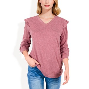 Anna-Kaci Women's Long Sleeve V-Neck Top with Ruffled Shoulder Detail - 1 of 4