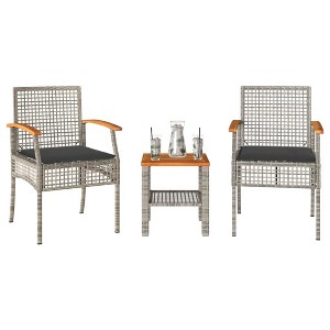 vidaXL 3 Piece Bistro Set with Cushions Gray Poly Rattan Acacia Wood - 1 of 4