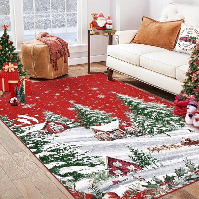 TackView Christmas Area Rug, Red Green Snowflake Tree Rugs Washable Throw Runner Rugs Carpet for for Living Room Kitchen