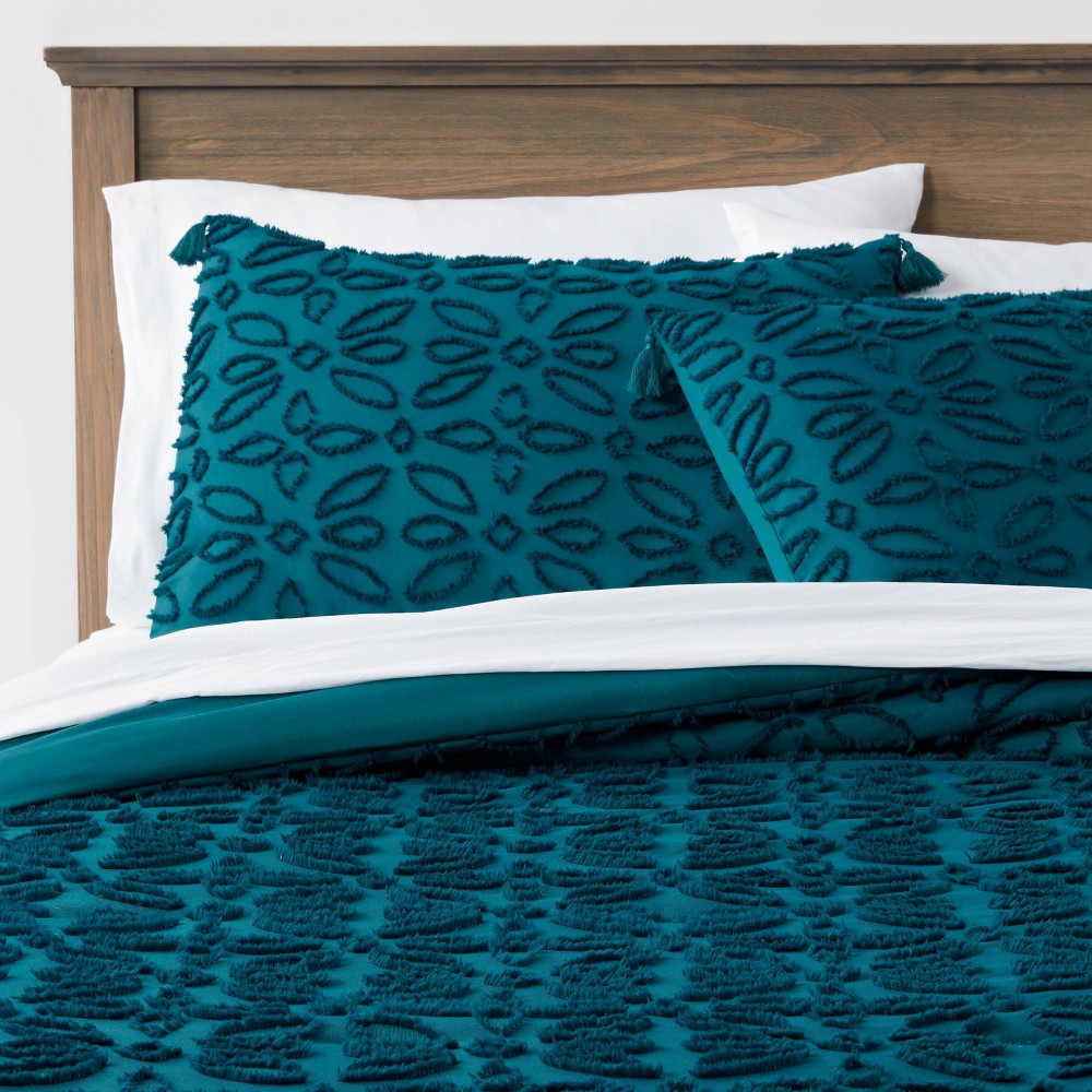 Photos - Bed Linen 7pc Full Clipped Jacquard Comforter & Sheet Set Dark Teal Blue - Threshold