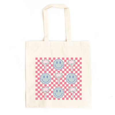City Creek Prints Smiley Palm Trees Checkered Canvas Tote Bag - 15x16 - Natural