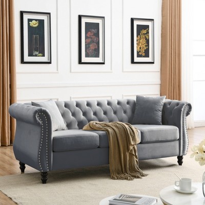 TiramisuBest 80" 3-Seater Tufted Velvet Sofa with Rolled Arms & Nailhead Trim, Grey for Living Room, Bedroom & Office,2 Pillows