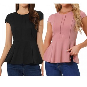 INSPIRE CHIC Women's Elegant Round Neck Cap Sleeve Solid Color Peplum Blouses 2 Packs - 1 of 4