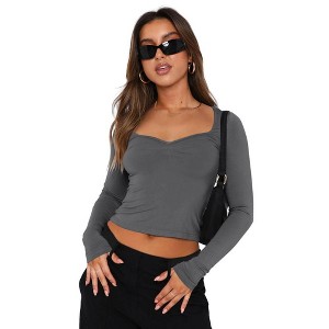 Coolmee Womens Long Sleeve Going Out Crop Tops Sweetheart Neck Cute T Shirts Side Slit Tees - 1 of 4