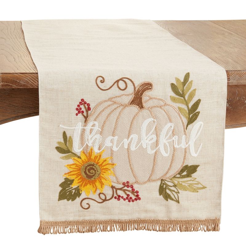 Saro Lifestyle Dining Table Runner With Thankful Pumpkin Design, Beige, 16" x 70", 1 of 4