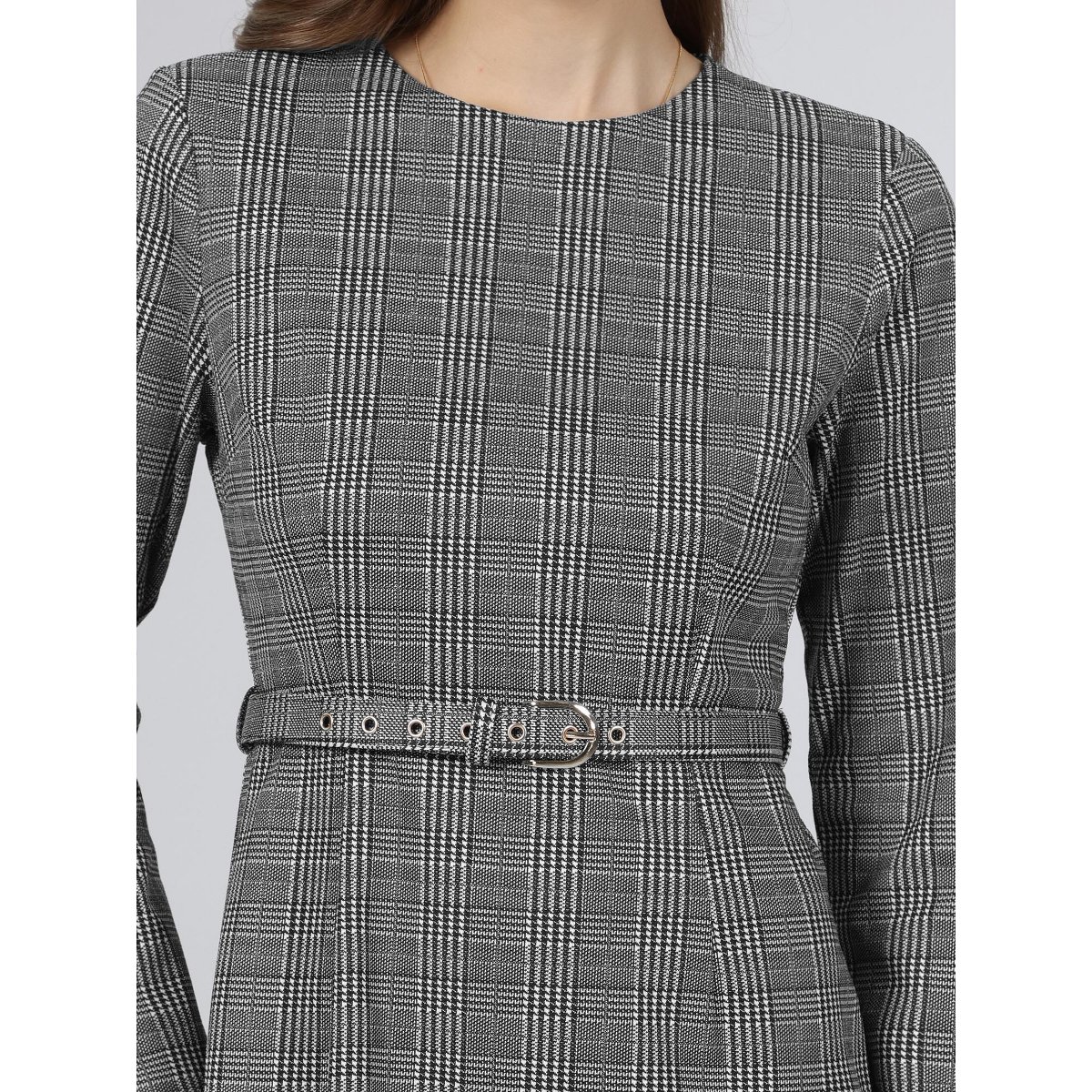 Женские платья INSPIRE CHIC Women's Houndstooth Plaid Long Sleeve Belted Business Office Pencil Dresses Small Grey Black — фото 4