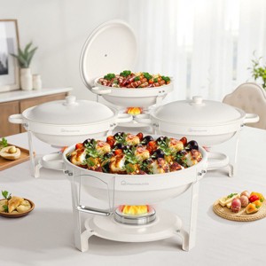 Warmounts 5QT White Maifanite-Coated Chafing Dish Buffet Set Food Warmer with Steel Lids & Holders - 1 of 4