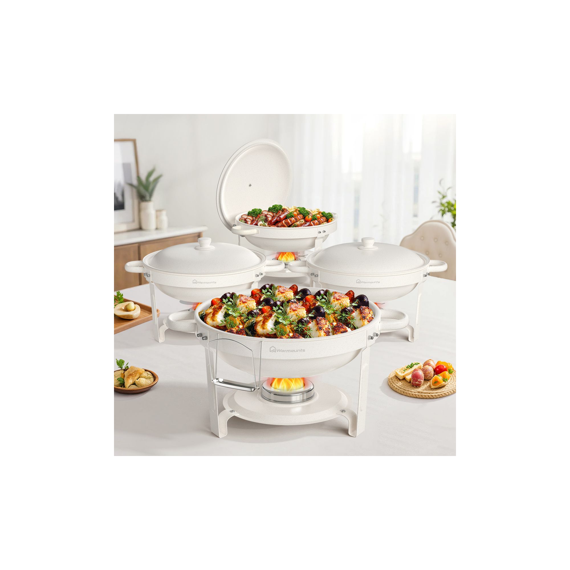 Warmounts 5QT 4-Pack White Maifanite-Coated Chafing Dish Buffet Set Food Warmer with Steel Lids & Holders