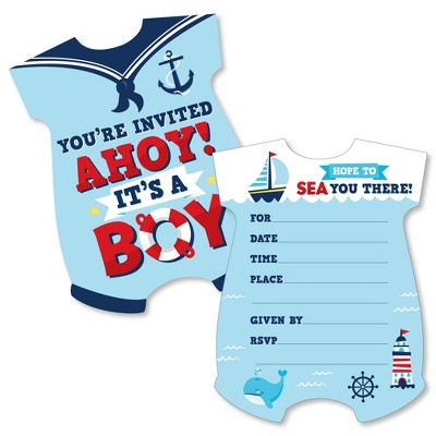 Big Dot of Happiness Ahoy It's a Boy - Shaped Fill-In Invitations - Nautical Baby Shower Invitation Cards with Envelopes - Set of 12