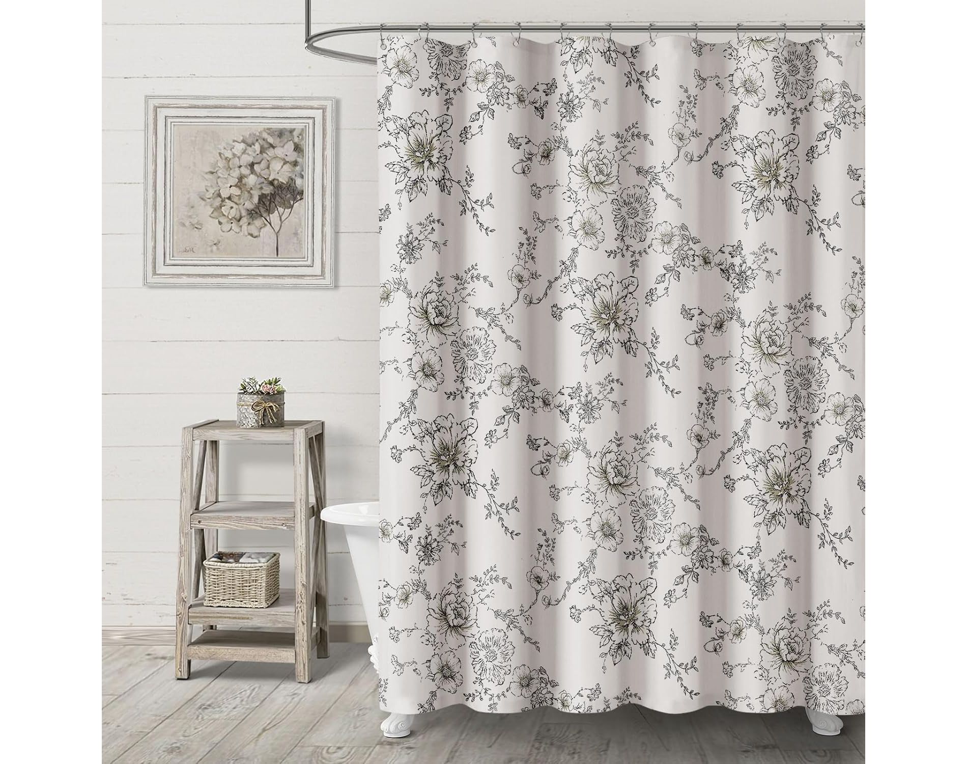 Farmhouse Vintage Shower Curtain Black Pattern Floral Linen Rustic Tattoo Shower Curtains for Bathroom, Spring Decor 70.8x70.8 Inch