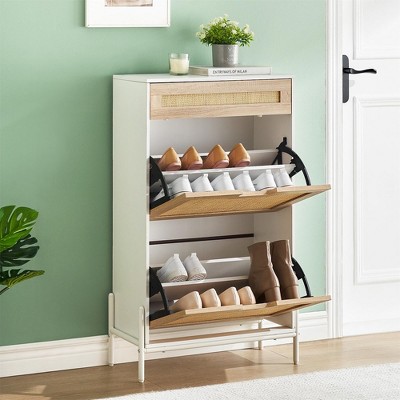 WhizMax Rattan Shoe Cabinet, 2 Flip Drawers & 1 Drawer, Adjustable Shelf, Metal Legs, Slim Shoe Rack