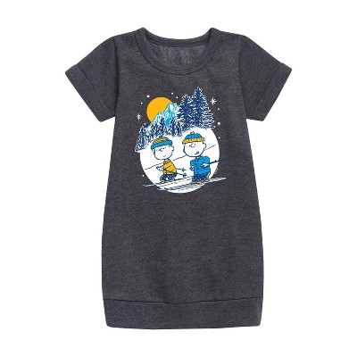- Peanuts - Charlie Brown And Linus Skiing Graphic Short Sleeve Fleece Dress