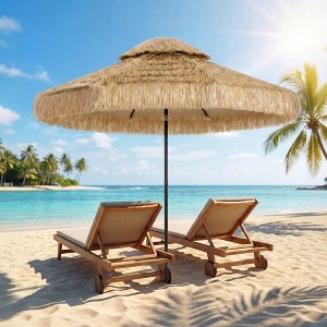 hula patio umbrella Ainfox 7.5ft Thatched Tiki with 18 Solar LED Lights, 6 Ribs, Push Button Tilt (No Base) 7.5ft diameter canopy beach umbrella Hawaiian Style straw umbrella 7ft Hula Thatched Tiki Umbrella