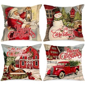 Vintage Merry Christmas Throw Pillow Covers 18x18 Set of 4, Decorative 18 inch Retro Xmas Santa - 1 of 4