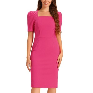 INSPIRE CHIC Women's Square Neck Puff Sleeve Rear Slit Knee Length Business Pencil Dress - 1 of 4