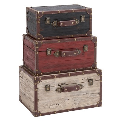 Wood and Leather (Set of 3) Trunks Red - Olivia & May: Farmhouse Style, Hinged Lid, Indoor Use